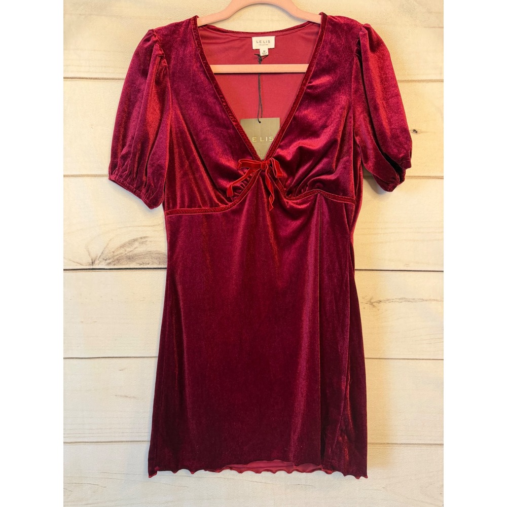 Le Lis Collection Burgundy Red Velvet Mini Dress V-Neck Puff Sleeve ID4862 M